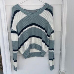 Striped V-Neck Sweater - Blue, White, Black